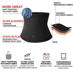 Black waist trainer with heat-trapping polymer fabric, sweat absorption, and slimming compression features illustrated.