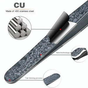 Close-up stainless steel utensil with textured handle, nanotechnology coating, and tail thinning process