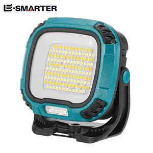 Portable LED work light with turquoise and black casing, adjustable stand, and grid LEDs