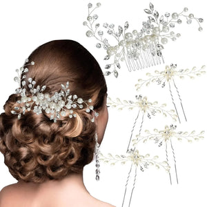 Bridal Pearl & Crystal Hair Set: Comb and Pins in Silver Gold Rberyl