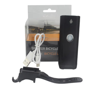 Black bicycle light set with USB cable and bike mount, rechargeable LED front lamp