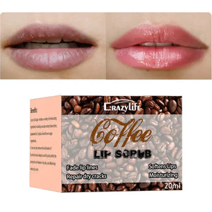 Coffee lip scrub packaging with before and after lip treatment results, moisturizing and repairing benefits