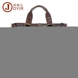 Brown leather handbag with sturdy handles, gold hardware, and visible JOYIR logo, studio background.