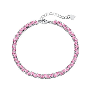 Silver tennis bracelet with heart-shaped pink gemstones and adjustable clasp