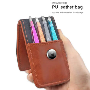 Hand holding brown PU leather bag with four craft knives in assorted colors