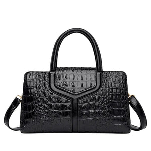 Black faux crocodile leather handbag with top handles and detachable shoulder strap