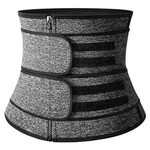 Gray adjustable waist trainer belt with zipper and Velcro straps for support