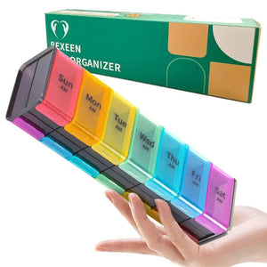 Colorful weekly pill organizer with labeled compartments held in hand, box in background
