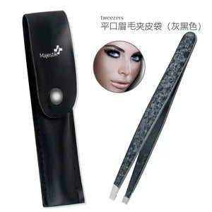 Flat tip eyebrow tweezers with textured handle, black leather case, and closeup makeup look.