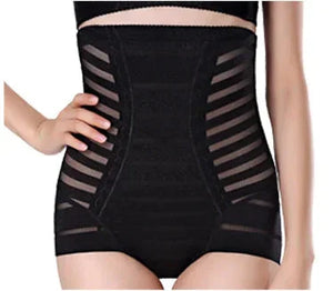 Woman wearing black high-waisted slimming shapewear with sheer striped panels
