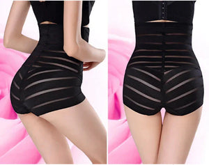 High waist black mesh striped shapewear shorts, modeled from back and side views