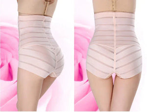 High-waisted beige body shaper shorts with sheer stripes, shown front and back on model