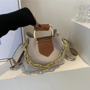 Beige and brown handbag with gold chain strap and adjustable shoulder strap, fashion accessory