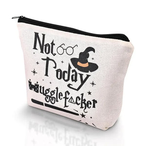 Beige zipper pouch with magic-themed text, wizard hat, wand, and glasses print.