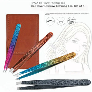 Set of four colorful eyebrow tweezers with leather case for eyelash and brow grooming