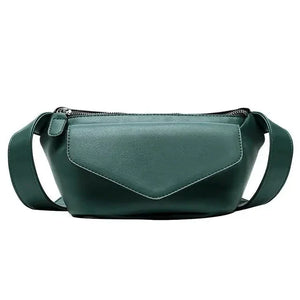 Green leather crossbody bag with wide strap and front envelope pocket