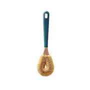 Eco-friendly dish brush with blue handle and natural bristles on white background