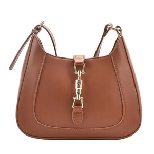Brown leather shoulder bag with gold buckle detail and top handle