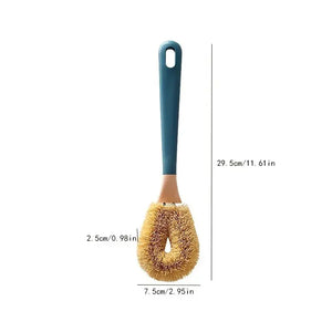 Natural bristle dish brush with long blue handle and size measurements shown
