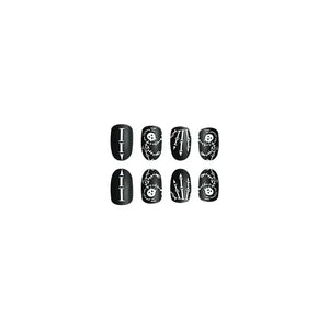 Black press on nails with white skull, arrows, and barbed wire designs, gothic nail art set