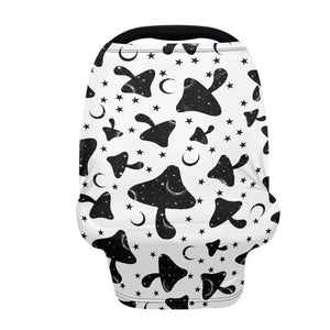 Black and white baby car seat cover with mushroom, crescent moon, and star pattern