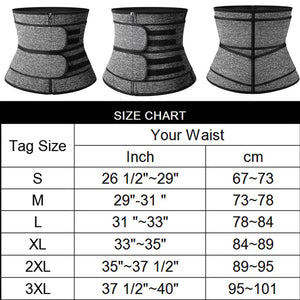 Gray waist trainer belt with size chart for small to 3XL, showing waist measurements in inches and cm.