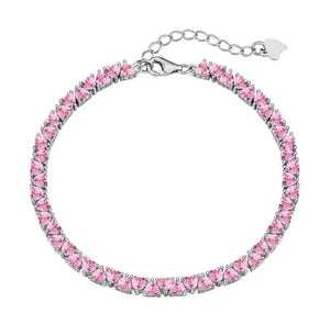 silver tennis bracelet with pink heart-shaped gemstones and adjustable clasp