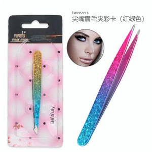 Colorful gradient eyebrow tweezers with glitter texture in packaging, beauty tool