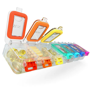 Colorful weekly pill organizer with labeled compartments holding various pills and capsules