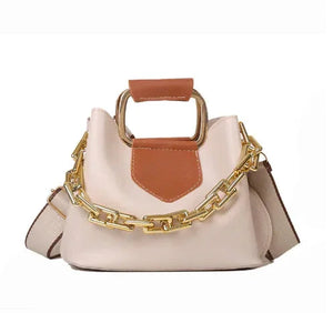 Beige and brown leather handbag with gold chain strap and short top handle