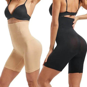 Women wearing high-waisted seamless shapewear shorts in beige and black colors