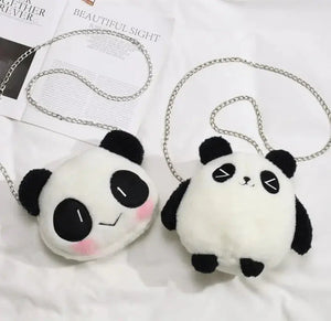 Plush panda crossbody bags with chains on white fabric, cute design, kids accessories