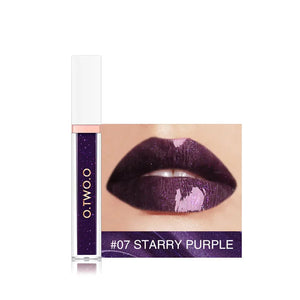 Glossy starry purple liquid lipstick with shimmer finish, shade #07, shown on lips.