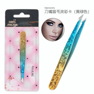 Colorful gradient eyebrow tweezers in packaging, beauty tool for precise hair removal