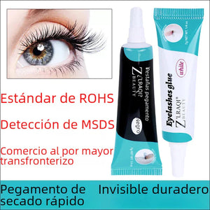 Eyelash glue tubes with close-up eye showing long lashes, quick-dry and long-lasting formula.