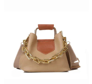 Beige and brown leather handbag with gold chain strap and top handle, stylish purse