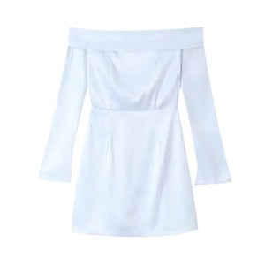 White off-shoulder long sleeve mini dress, fitted waist, minimalist style