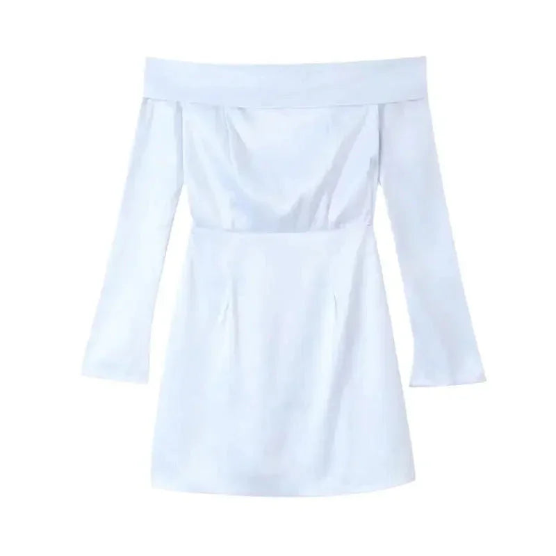 White off-shoulder long sleeve mini dress, fitted waist, minimalist style