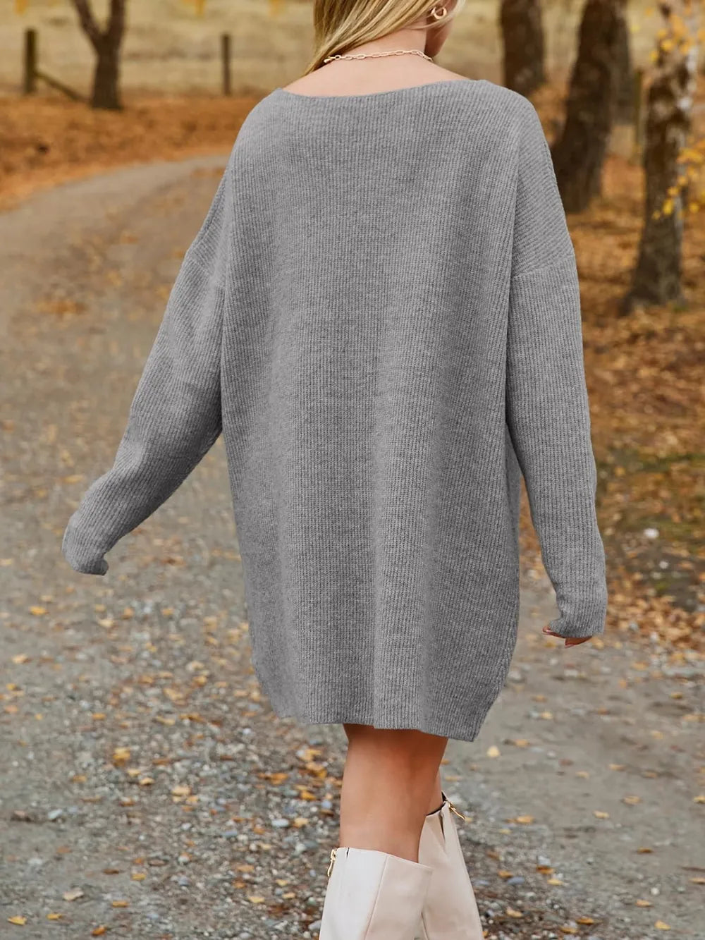 Gray oversized knit sweater dress, relaxed mini length - Rberyl