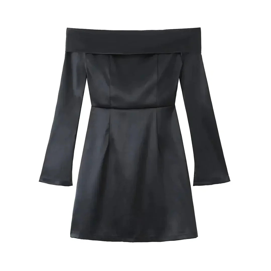 Black off-shoulder long sleeve mini dress, elegant evening fashion style