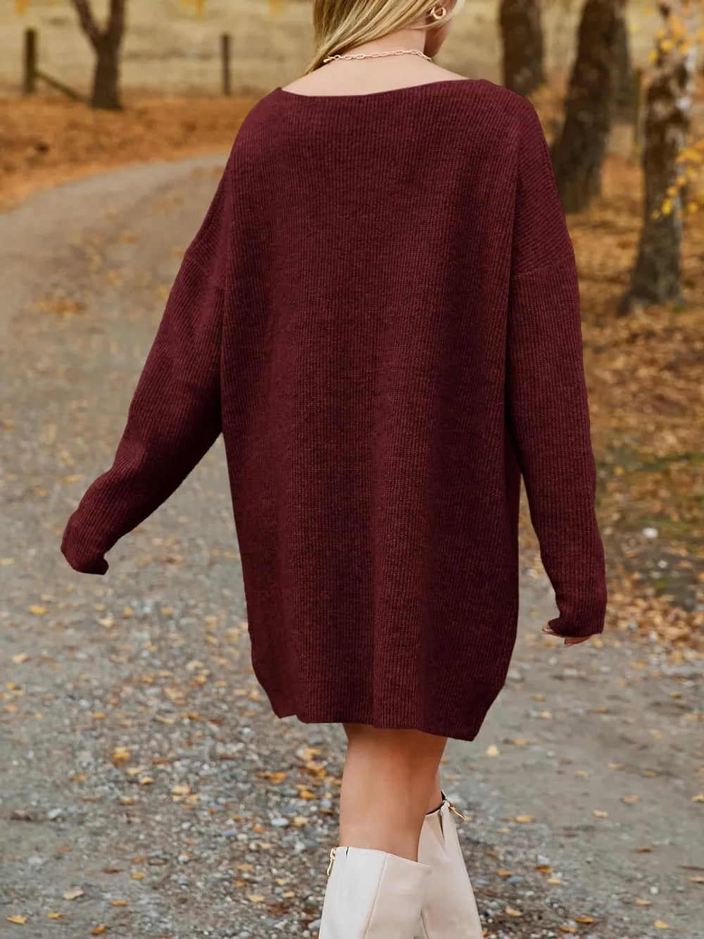 Burgundy oversized knit sweater dress, relaxed mini length - Rberyl