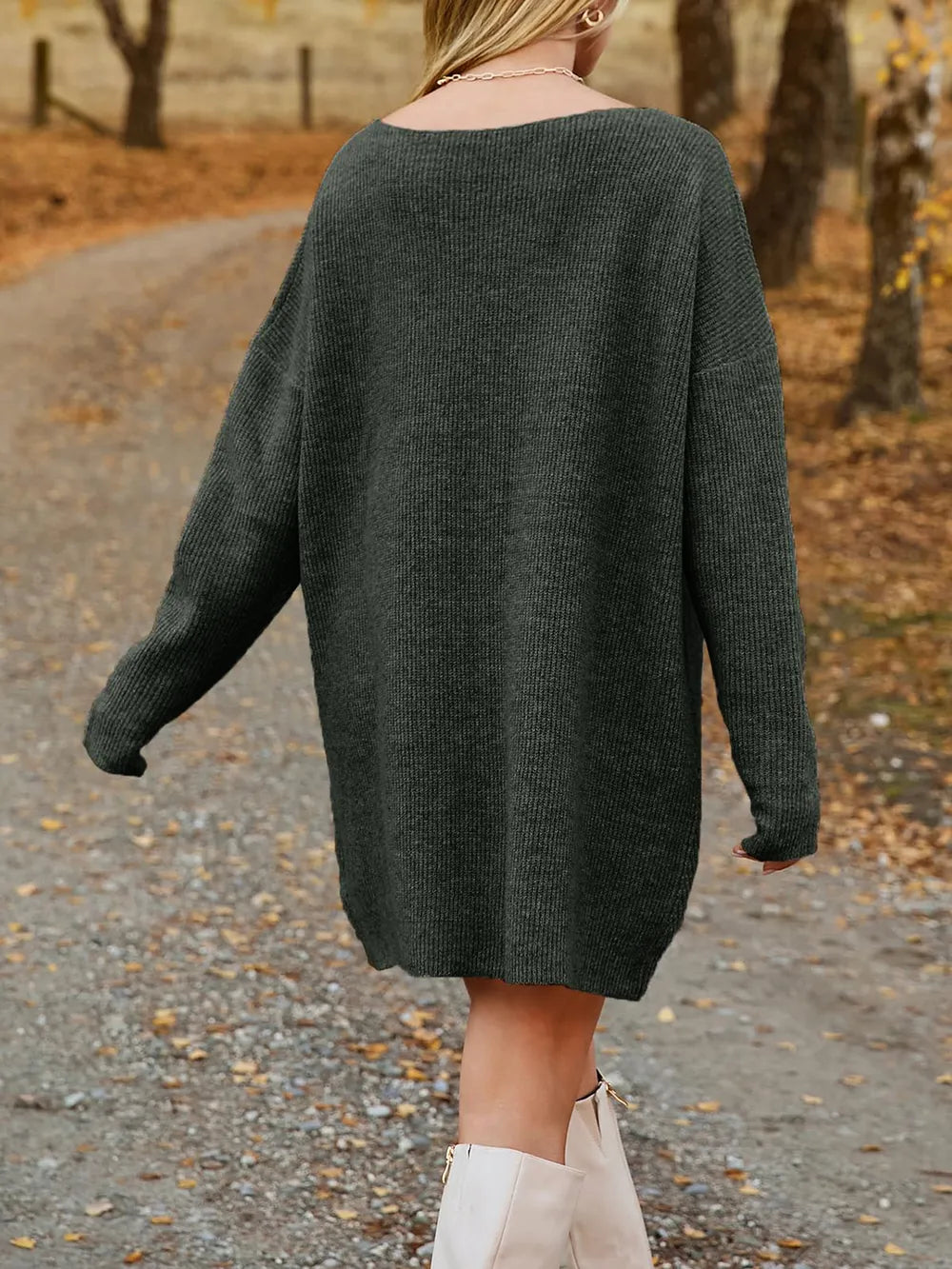 Dark Gray soft acrylic V-neck sweater dress styled with tall boots - Rberyl