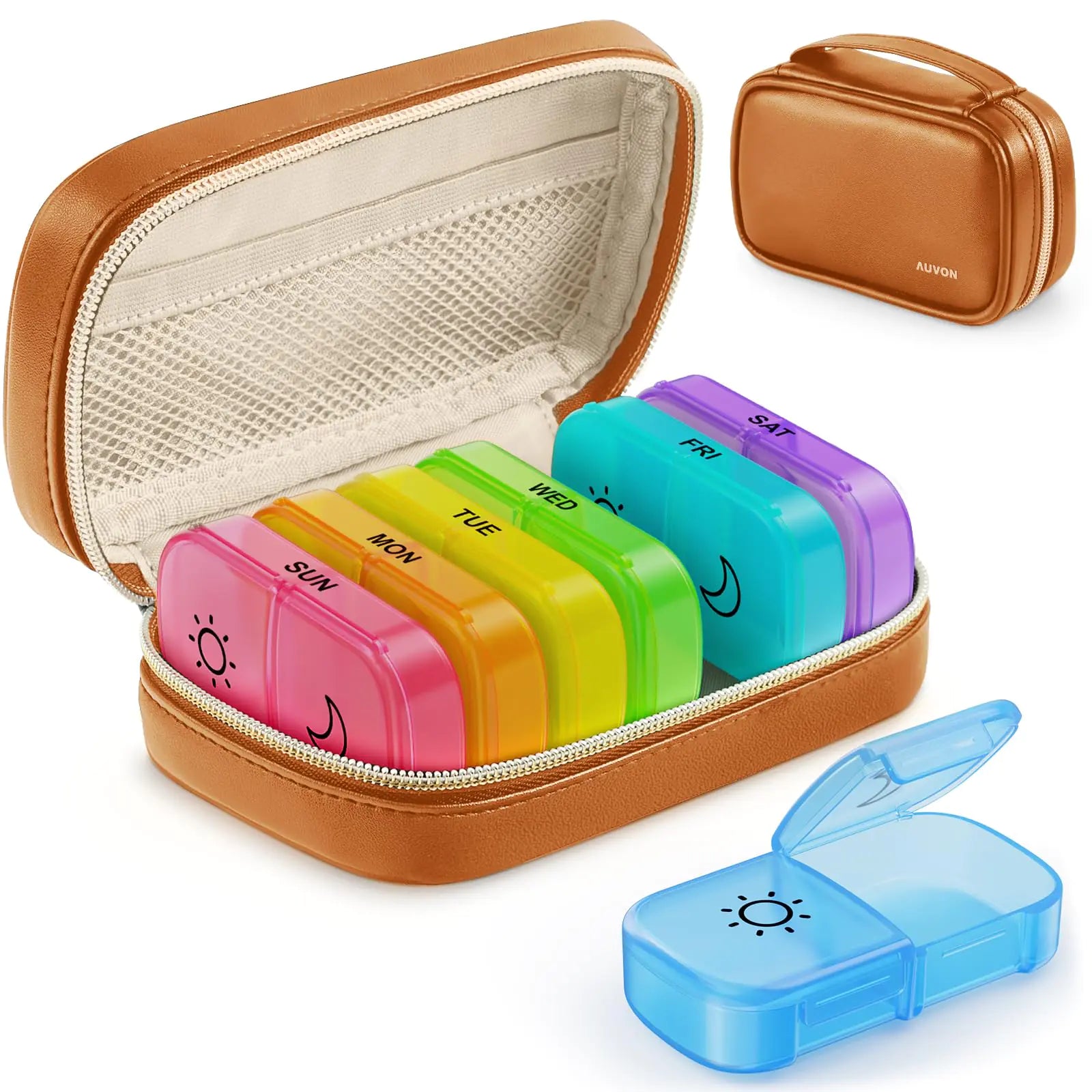 AUVON Dual Daily Pill Organizer with Stylish Leather Case