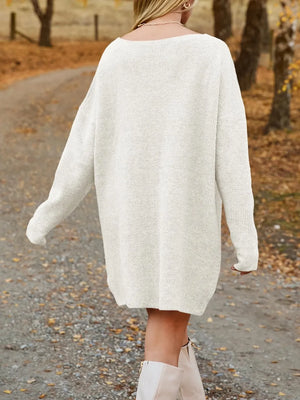 White oversized knit sweater dress, relaxed mini length - Rberyl