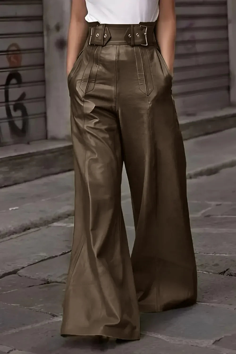 Wide leg high waisted brown pants with belt detail, women's street style fashion