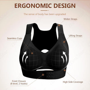 Ergonomic black sports bra with seamless cups, wide straps, and front closure for comfort and support