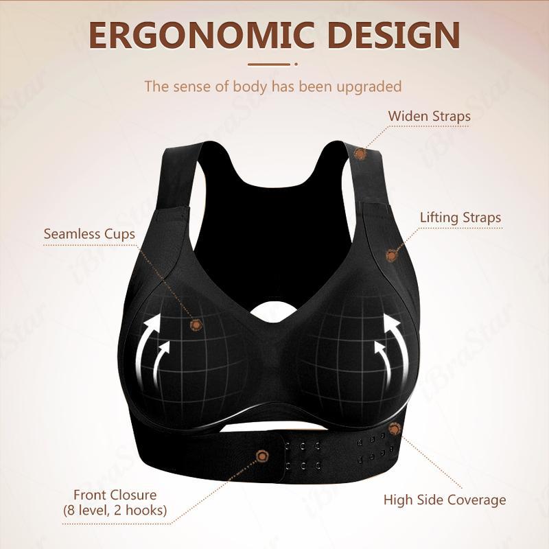 Ergonomic black sports bra with seamless cups, wide straps, and front closure for comfort and support