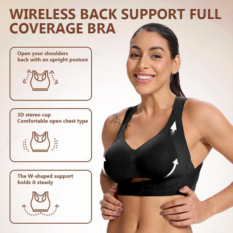 Wireless back support full coverage bra with 3D stereo cups and W-shaped support for posture