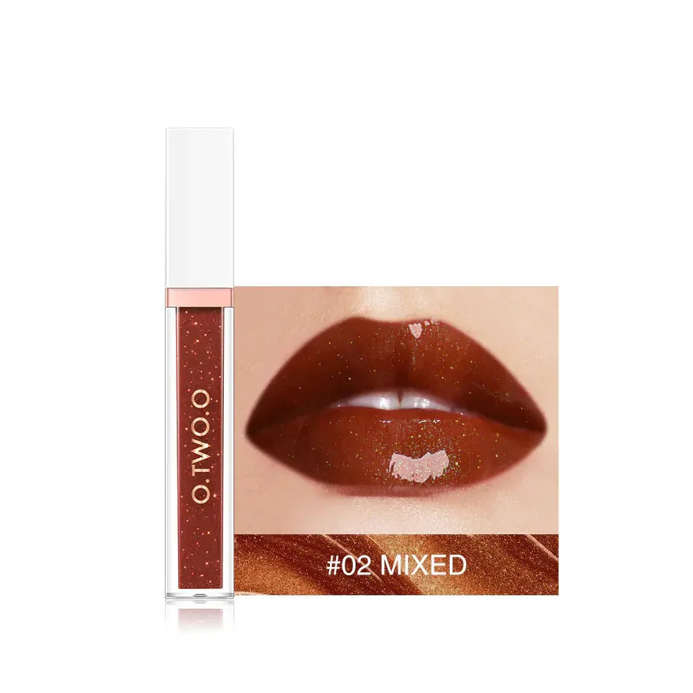 Brown glitter liquid lipstick tube with swatch on lips, shade #02 MIXED.