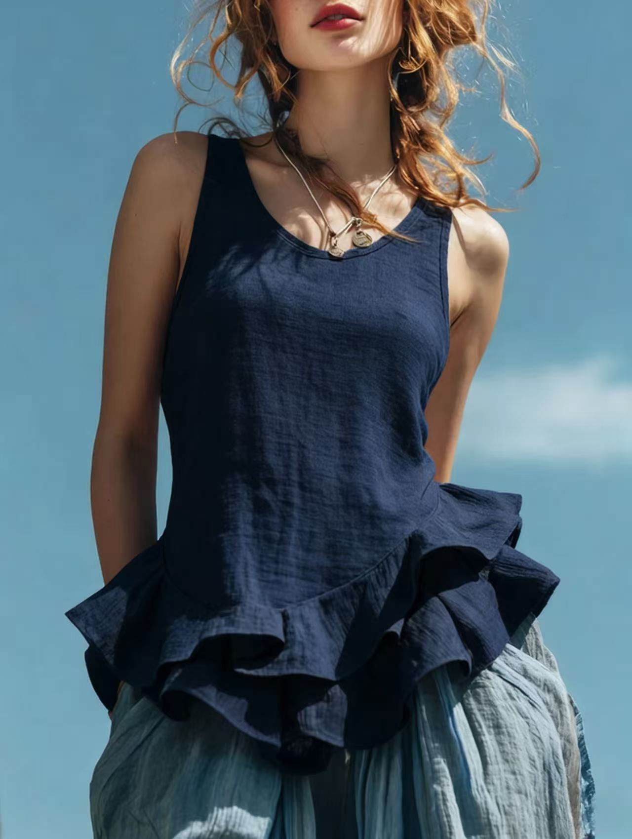 Sleeveless cotton-linen top